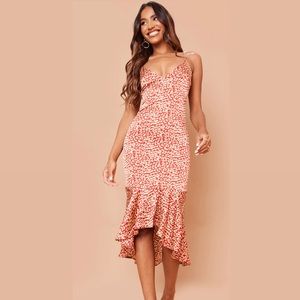Red leopard print frill hem midi dress